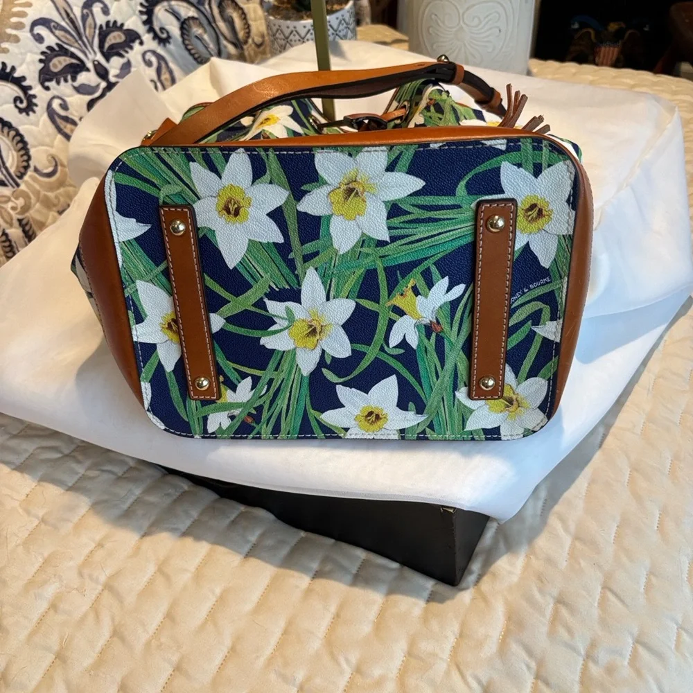 Dooney & Bourke Blue Floral Bucket Bag with Tan Trim - Picture 6 of 13